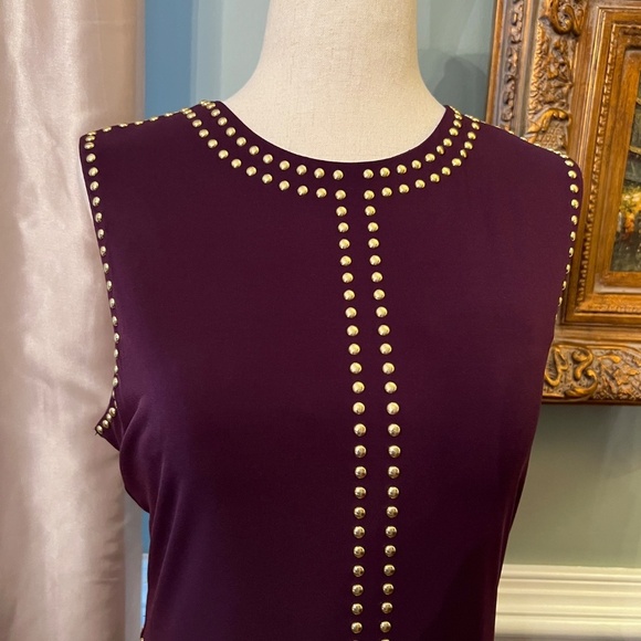 EUC Calvin Klein Purple Stretch Jersey Sheath Dress w/ Gold Studs Size 8 - Picture 2 of 2